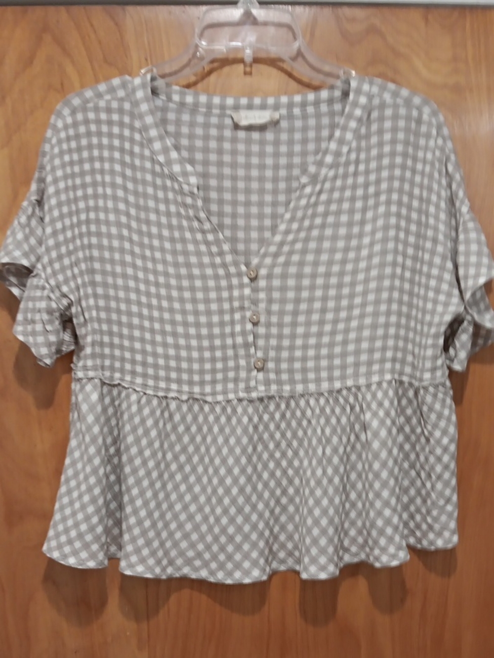 altar d' state Women's taupe Gingham Peplum Button-Front Top